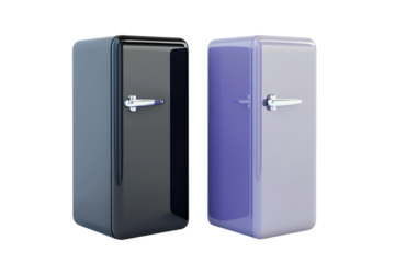 Two modern refrigerators in sleek designs-one black and one lavender-showcasing a stylish kitchen appliance aesthetic.