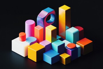 Geometric blocks on black background, 3D render. AI generated illustration.
