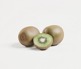 Fresh kiwi fruit, whole and sliced, displayed against a plain background
