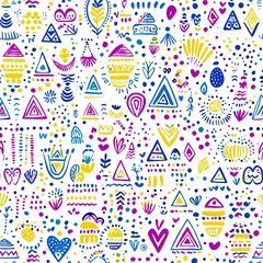 Colorful Geometric Seamless Pattern with Vibrant Triangles and Hearts