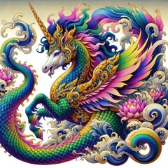 Fototapeta premium Colorful Fantasy Unicorn with Wings and Lotus Flowers