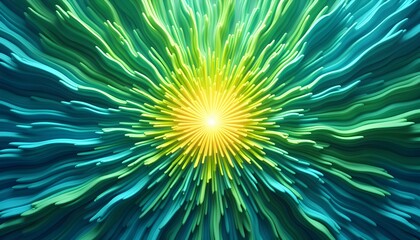 Fototapeta premium A central bright yellow light source emanates wavy lines of green and blue, creating a dynamic and abstract pattern. The lines flow outwards, suggesting movement and energy
