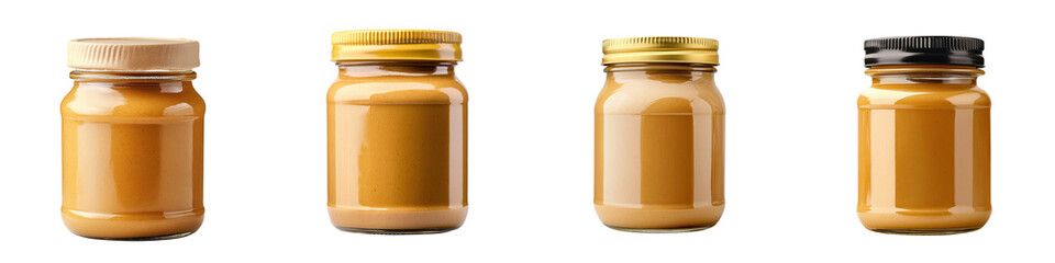 Jars of homemade preserves or spreads on a white background.