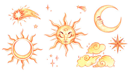 Watercolor celestial set featuring the Sun, Moon, crescent Moon with Sun, comet, stars, 8-pointed star, and clouds in gold tones. Perfect for astrology, esoteric art, calendars, and stickers