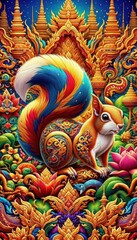 Fototapeta premium Colorful Squirrel Among Intricate Patterns and Flora