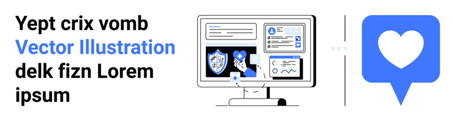 Computer monitor displaying cybersecurity analytics, shield, and graphs alongside a heart notification. Ideal for cybersecurity, social media, data analytics, online security, digital marketing