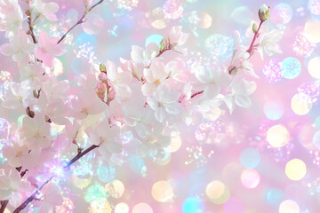 Fototapeta premium Ethereal Spring Cherry Blossom background, Iridescent Pastel Rainbow Color, with a magical and dreamy feel