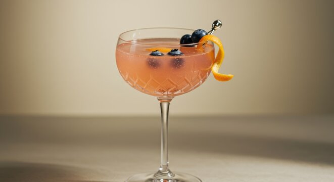 Elegant cocktail preparation. Ready made cocktail in stylish faceted glass, decorated with blueberries and orange zest for party invitation card or menu design