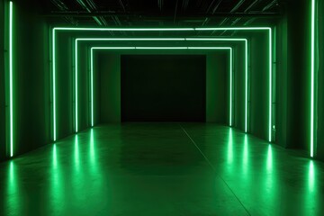 Empty dark room with green neon lights, stage concept. AI generated illustration.