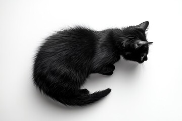 Obraz premium Alert Black Kitten Curled on White Background Ready to Pounce