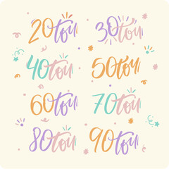 decades of birthdays in Brazilian Portuguese. Modern hand Lettering. vector.