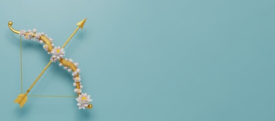 Composition of cupid bow with arrow decorated with flowers on blue background. Love concept for valentine day greeting card or wedding invitation with copy space.