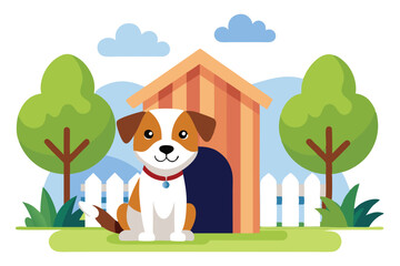 Naklejka premium Cute Cartoon Dog with Red Collar Sitting near Doghouse, Green Trees & Fence