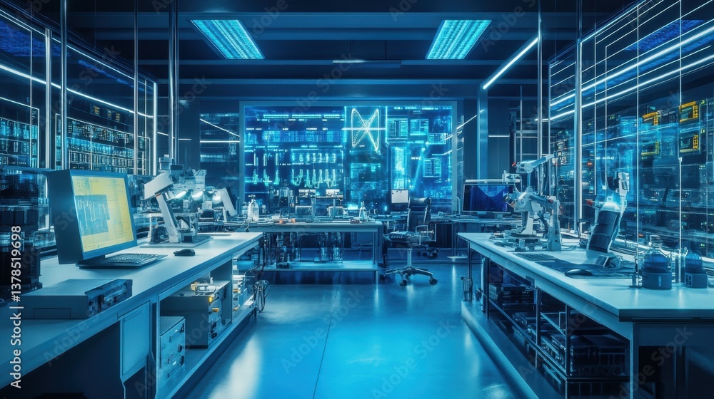 Poster advanced robots operate in a futuristic control room filled with digital displays and blue lighting