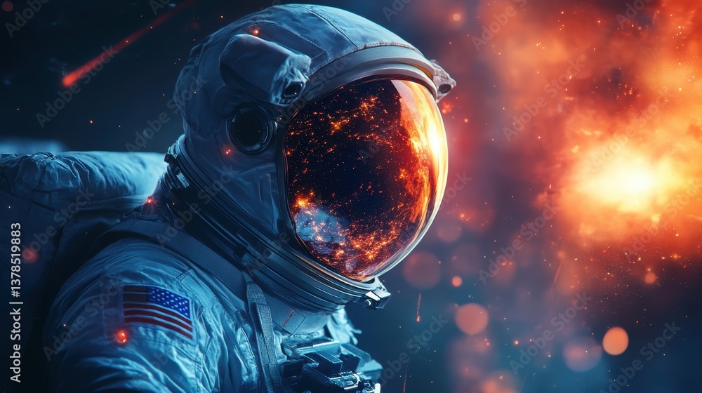 Aufkleber astronaut in a cosmic setting surrounded by vibrant colors and celestial elements during an explorat