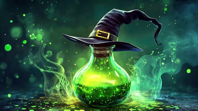 Glowing green potion in glass bottle, under witch's hat