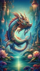 Naklejka premium Majestic Dragon Fish in Enchanting Water Scene
