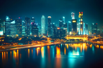 A blurry photo of a city's skyline at night with bright lights and bustling streets