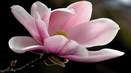 Fototapeta premium Pink magnolia blossom in soft-focus macro close-up with blurred background, pastel tones and natural lighting highlighting delicate petals. Botanical concept for spring wall decor or luxury wedding in