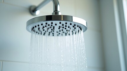 Close-up of a modern chrome circular showerhead with uniform water spray, mounted on a curved arm, set against a blurred neutral-tiled bathroom background.