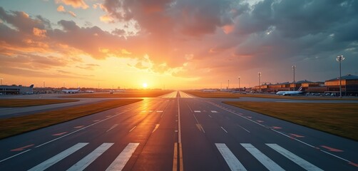 Aerial view of empty airport runway with many braking marks. Sunset sky. Lines, navigation lights, taxiway markings. Planes on background. Airplane arrival, departure concept. Transportation travel.