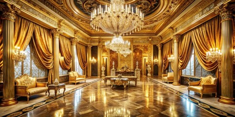 Obraz premium Opulent gold chamber filled with glittering jewels and rare artifacts amidst velvet drapes and polished marble floors, jewels