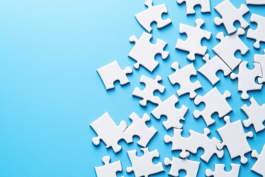 Scattered white jigsaw puzzle pieces on a vibrant light blue background