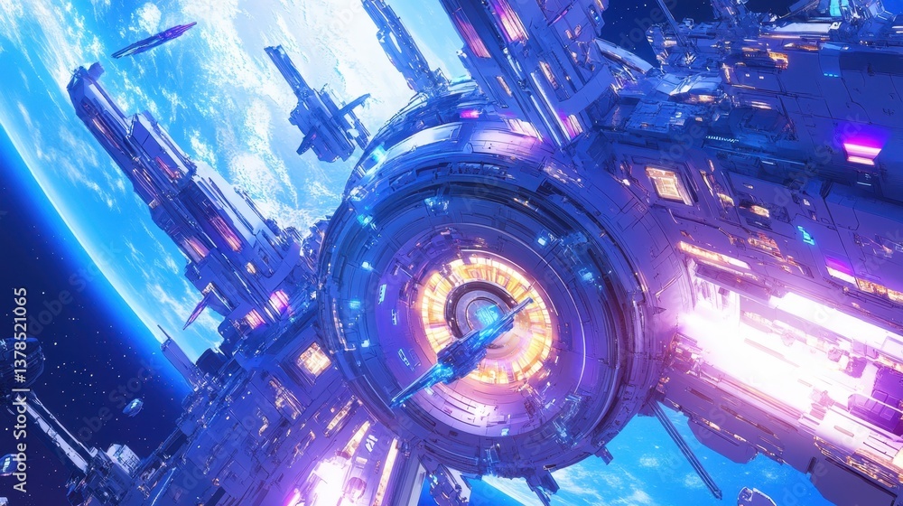 Poster futuristic floating city with intricate architecture illuminated at dusk over water
