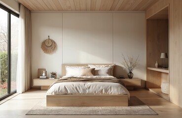 Modern bedroom interior in Scandinavian style. Light white oak wood tones, wooden bed frame, natural, neutral colors, big window with curtain. Minimalist decor, organic accents with nobody in cozy