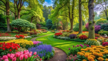 Obraz premium Vibrant garden with colorful flowers and lush greenery, surrounded by tall trees in full bloom, nature, greenery, nature
