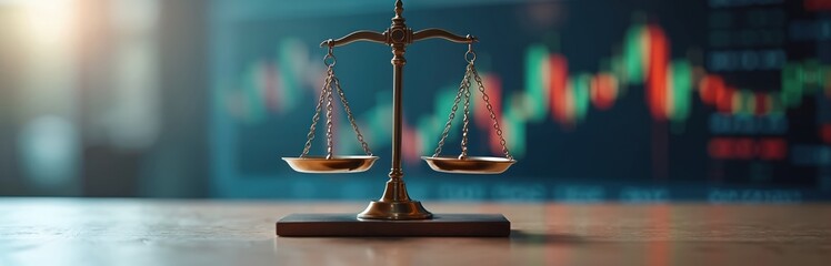 Symbolic scales balance stocks bonds commodities. Fluctuating market trends background. Visual for investment portfolio management, capital, risk, financial planning, law, justice.