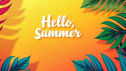 Bright text Hello Summer surrounded by flowers on a yellow background. Celebrating the arrival of summer, greeting card with the text "Hello Summer"