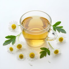 Soothing Chamomile Tea in Clear Glass Cup Surrounded by Fresh Chamomile Flowers and Leaves on White Background, Ideal for Wellness and Relaxation Concepts