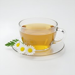 Serene Chamomile Tea in Clear Glass Cup on Saucer with Fresh Chamomile Flowers and Leaves, Ideal for Wellness and Relaxation Concepts on a Light Background