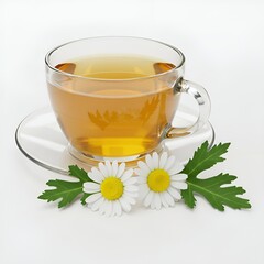 Elegant Chamomile Tea in Clear Glass Cup on Saucer with Fresh Chamomile Flowers and Leaves, Perfect for Wellness and Relaxation Concepts on a Clean White Background