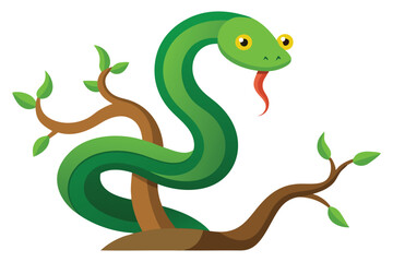 Fototapeta premium Cartoon Green Snake Wrapped Around Tree Branch with Leaves Isolated on White