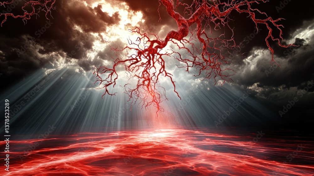 Poster fiery red streaks blending into deep black shadows, creating a dramatic abstract backdrop