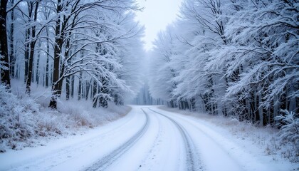 Obraz premium The winding road through the frost covered forest is a magical journey, with snow clad trees lining the path like sentinels watching over the winter wonderland