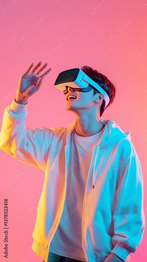 Poster immersive virtual reality experience showcasing a young tech enthusiast exploring digital worlds wit
