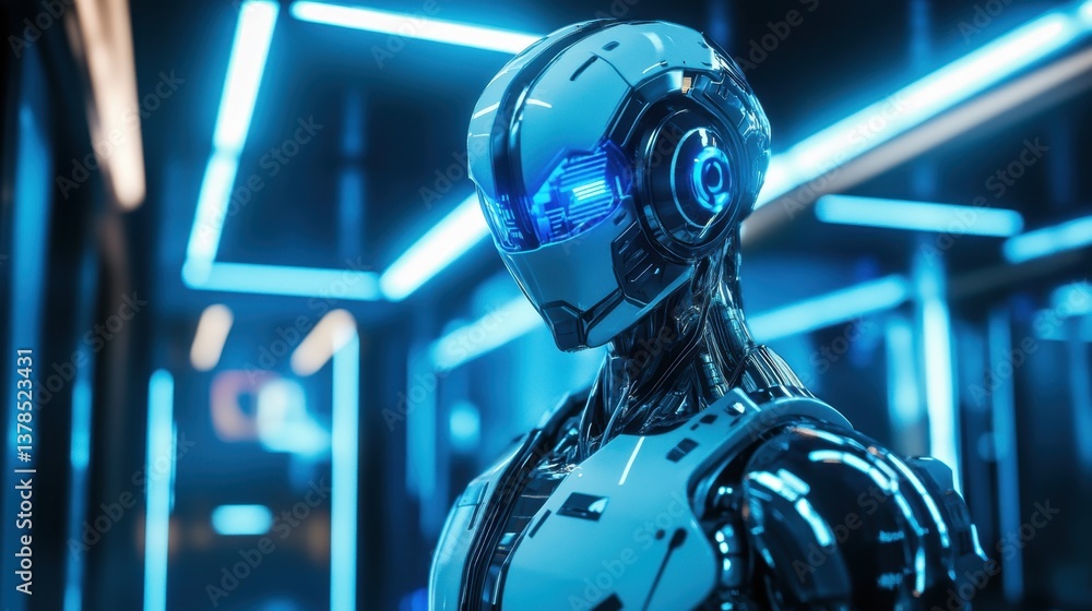 Poster futuristic robot displays advanced design in a neon-lit environment with vibrant colors
