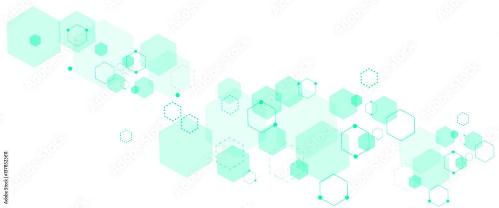 Fototapete Vector hexagons soft green pattern. Geometric soft green abstract background with simple hexagonal elements. Medical, technology or science design