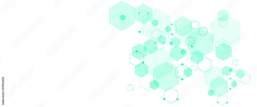Fototapete Vector soft green hexagons pattern. Geometric abstract background with simple hexagonal elements. Medical, technology or science design