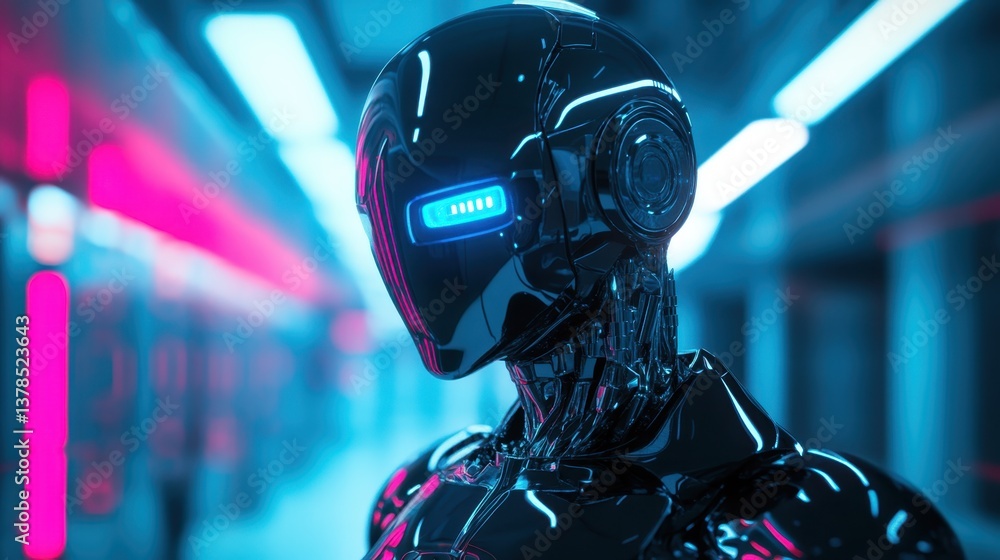 Poster futuristic robot displays advanced design in a neon-lit environment with vibrant colors