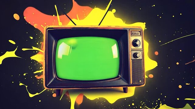Retro TV with vibrant paint splatter backdrop; green screen