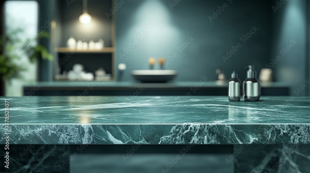 Poster sleek marble countertop in modern kitchen with soft lighting, creating a serene and sophisticated cu