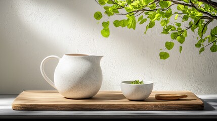 Fototapeta premium White Teapot and Bowl on Wooden Board with Green Branch