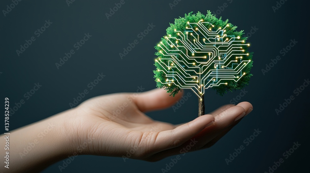 Poster a hand holds a tree designed with circuit patterns, symbolizing the fusion of nature and technology.