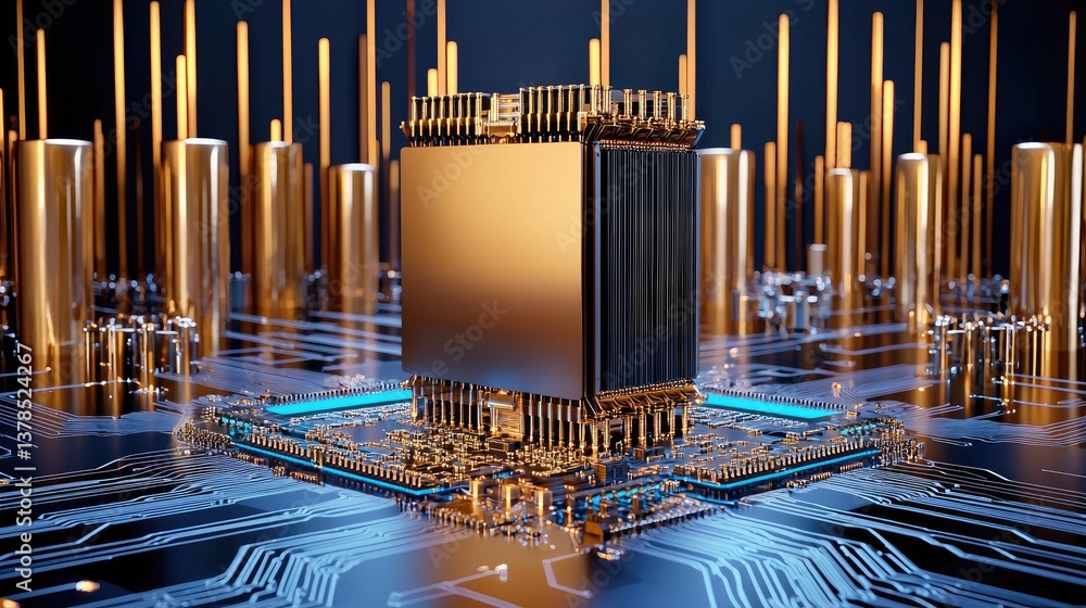Poster futuristic ai processor with intricate circuits and blue light, symbolizing advanced computing power
