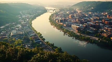Fototapeta premium Spectacular aerial view of Morgantown, West Virginia at sunrise showcasing the Monongahela River and the city skyline