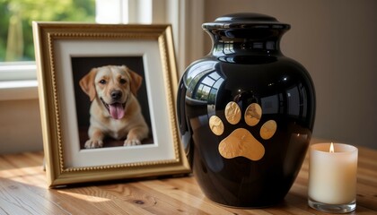 Black pet urn with golden paw print, framed photo of a dog, and lit candle on a wooden table with soft natural light, memorializing a beloved furry friend.